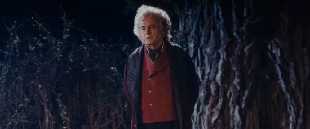 an older man in a red vest and black jacket stands in front of a tree