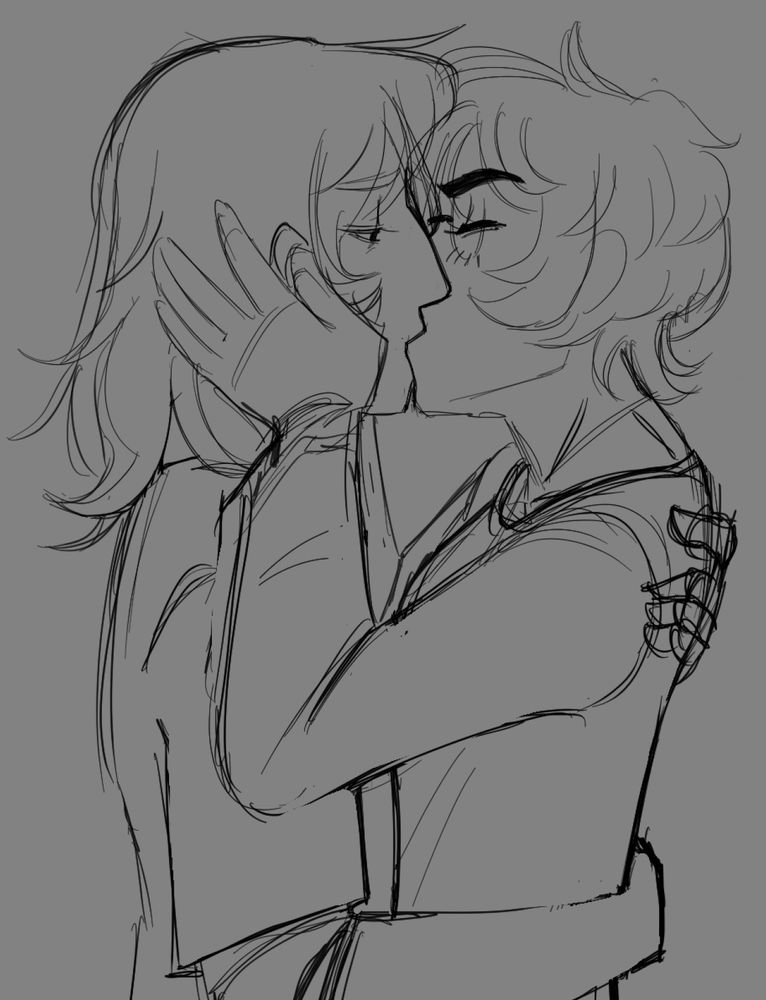 A sketch of Joker / Protag and Akechi from Persona 5 sharing a kiss. Joker looks happy and content in the moment, while Akechi looks distant and remorseful.