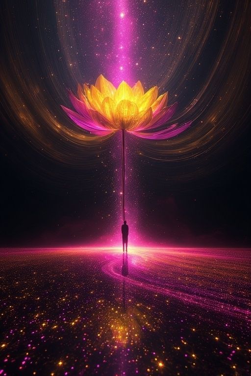"Surreal dreamscape digital art, a lone silhouette of a person standing at the base of an impossibly tall, glowing flower with luminous pink, magenta, and golden-yellow petals that radiate soft light. The flower rises dramatically into a swirling, ribbon-like cosmic sky of deep charcoal, violet, and silver streaks. The ground is a reflective, mirror-like surface covered in sparkling pink and golden particles, creating a glowing path of light that curves toward the horizon. Ethereal, flowing light trails and bokeh-like sparkles fill the scene, giving a sense of motion and infinite depth. Highly detailed, vibrant yet moody color palette dominated by neon pinks, warm yellows, and deep cosmic blacks. Cinematic vertical composition, slight low-angle view looking up at the towering flower, magical and contemplative atmosphere, ultra-smooth gradients, high contrast, luminous glows and subtle lens flare effects. Art style: surreal digital painting blended with light-painting and generative art.