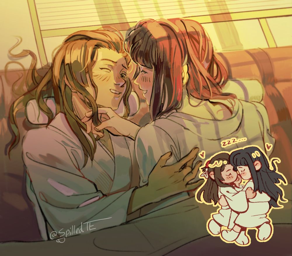 Illustration of an older Susato and Haori/Rei from The Great Ace Attorney/Dai Gyakuten Saiban. Both of them are laying on their futon under the morning light and greeting eachother, Haori/Rei plays with Susato's hair.
A doodle of Susato and Haori/Rei as chibis are in the bottom right corner hugging eachother and sleeping.
"SpilledTE" is signed at the bottom right in white.
