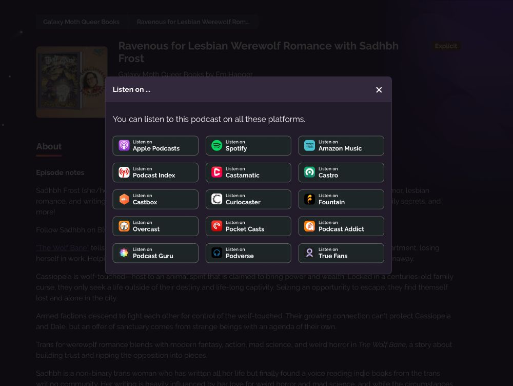 Screenshot shows podcast available on all major platforms.