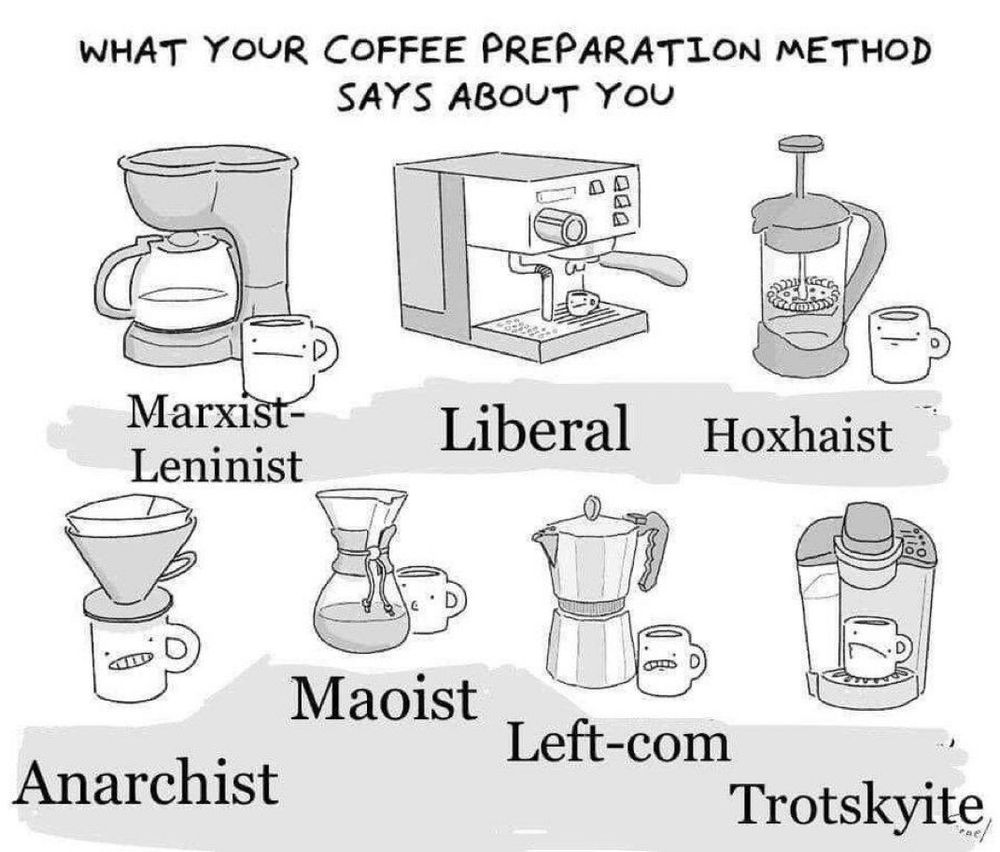 drip coffee: Marxist-Leninist
espresso: liberal
press: hoxhaist
drip: anarchist
chemex: maoist
stovetop: leftcom
Keurig: Trot