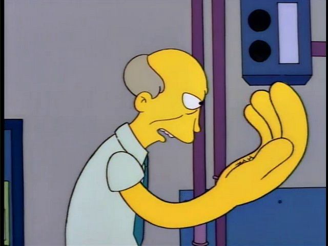 frame from THE SIMPSONS in which a man with a giant hand reads a rant written on that giant hand about how he is tired about jokes about his giant hand