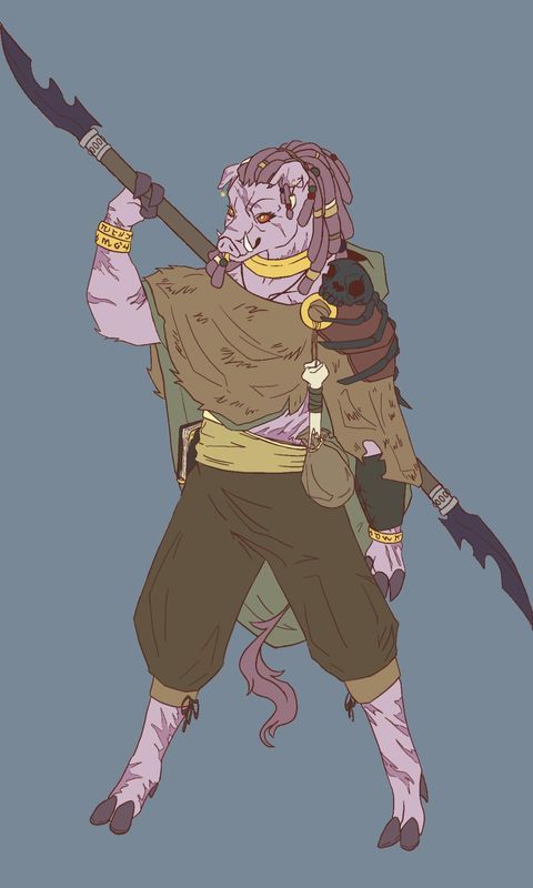 A digital illustration from pogglins in 2021 of Brun as she was first created. Brun at the time was a furless piglin with pink skin and dreadlocks decorated in golden jewellery. Her skin littered in scars and her clothes tattered and worn with some light leather armour. She wielded a staff with blades on both ends.