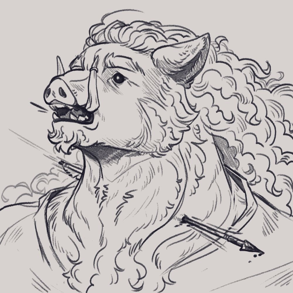 A head-shot sketch of Iyan the piglin drawn by Quil. The sketch depicts Iyan's shocked expression in the moment he is shot through his neck by a thin arrow, blood covering the arrow tip. Iyan is a bulky and fluffy piglin with a long curly mane and some curly fluff on his chin and cheeks. His head is tilted slightly up, his mouth partly agape and his eyes widening. 