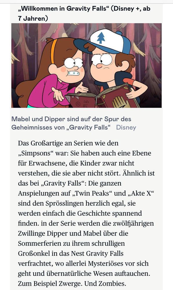 Lobender Text für die Mystery kinderserie „Gravity falls“, abrufbar auf Disney +