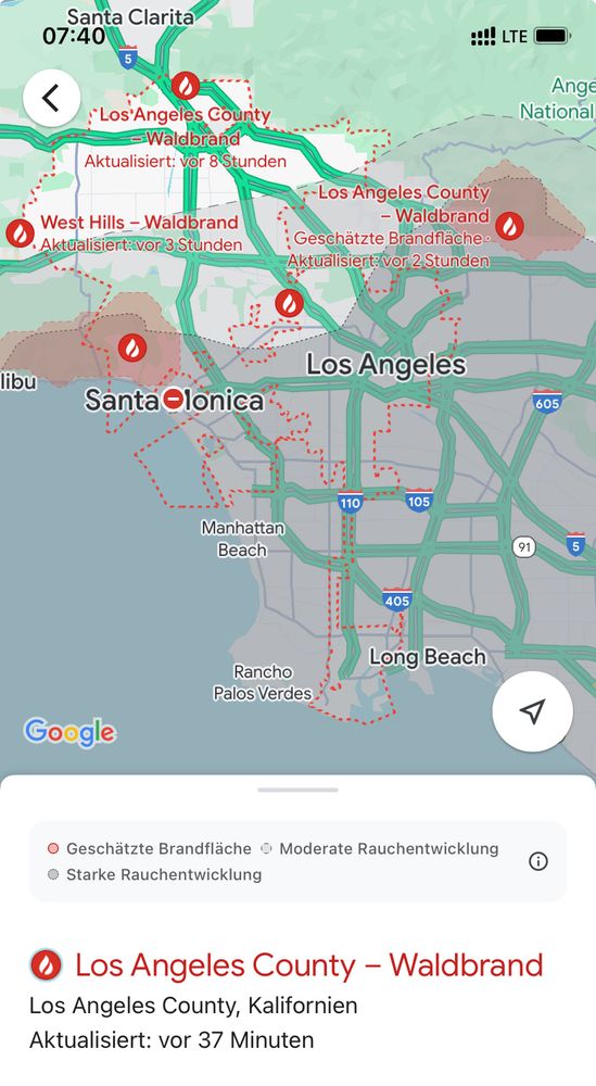 Landkarte von Los Angeles, auf der die Waldbrände eingezeichnet sind 