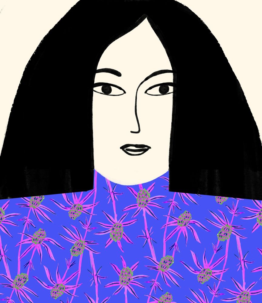 Minimal illustration of a face in black linework with black hair. Under the face is a bright blue shirt with bright pink flowers on it. The flowers are Sea Poppies. The face has a disinterested expression.