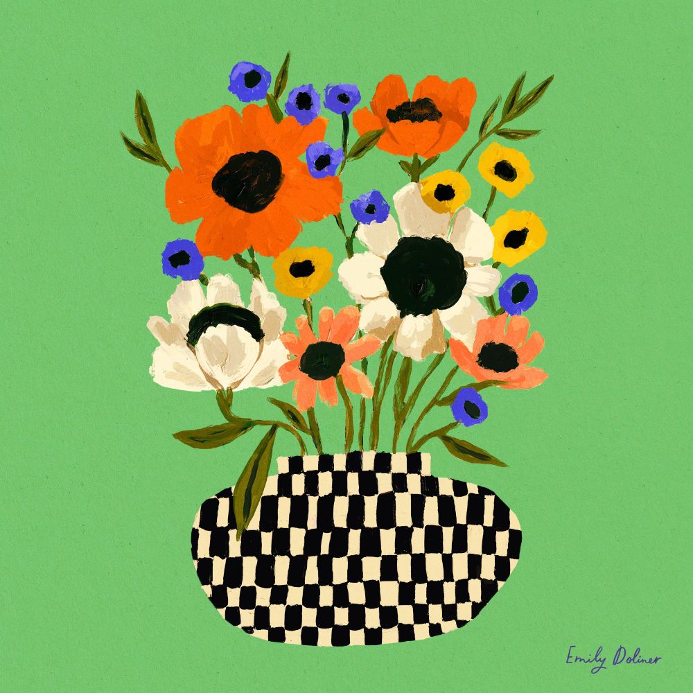 Painted flowers in a black and white checkered vase on a bright green background. This artwork was created with traditional mediums and then digitally altered in Photoshop. Signed in the bottom right corner by the artist.