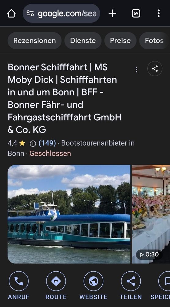 Screenshot der Google Suchergebnisse für die MS Moby Dick der Bonner Fähr und Fahrgastschifffahrt GmbH & Co KG

Ein Blau und Türkisfarbenes Schiff mit einem flachen Design mit angedeutetem Maul am Bug.