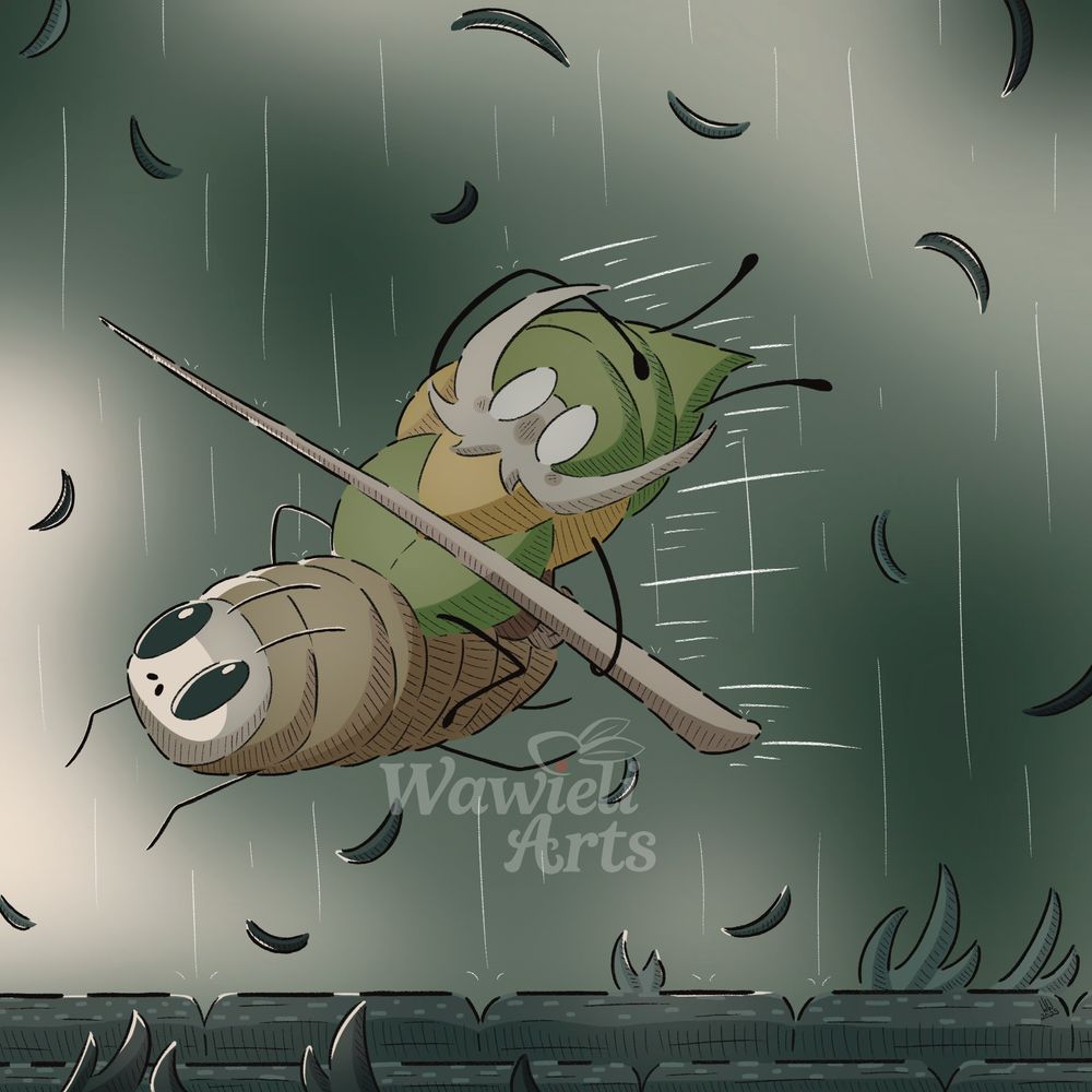 Garmond riding on top of Zaza, charging to help! Garmond holding on to his head and staff. Leaves are falling down. Background is based on the actual boss fight in Silksong.