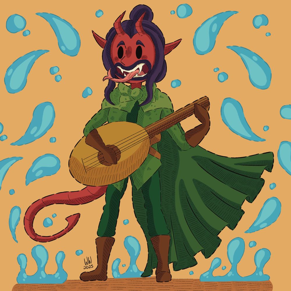 Karmir, Tiefling Bard, playing the lute and singing while water is flowing around him