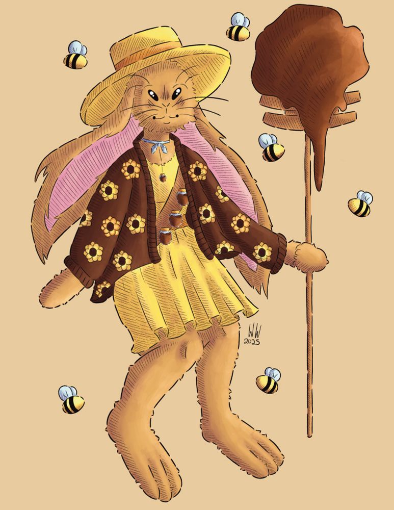 Original Artwork!
•
Honey Bun is wearing a:
- Dark Brown cardigan with bright and dark yellow sunflowers
- Bright yellow sun dress
- Bright yellow sun hat with a dark yellow band
- Blue ribbon on her neck holding a tiny honey pot
- Brown belt holding three honey pots
•
Holding a honey-covered honey stirrer as a staff
Surrounded by bees
