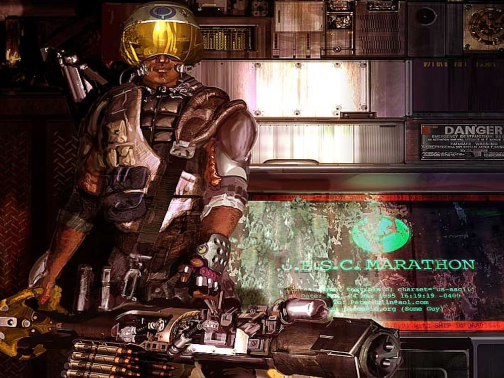 Marathon guy holding a big gun