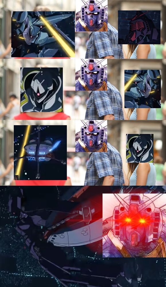 Guy look at other girls meme but with mobile suits and mobile armors showed up in episode 7 of Gundam Gquuuuuux