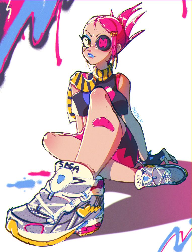 Love Shocker from Jet Set Radio wearing a pair of Sad Boy Saga brand sneakers that are silver, yellow, blue and magenta with a yellow heart motif on the side 