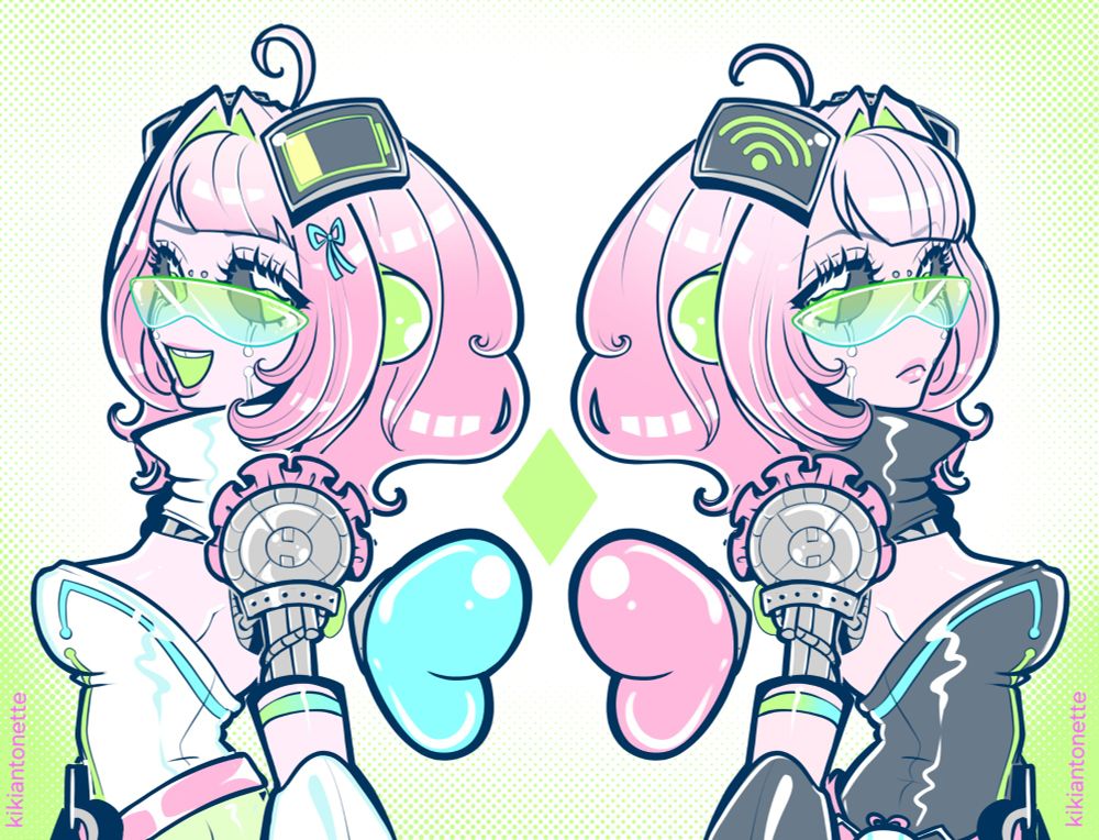 10.SHI V.4, two drawings of her back to back. The left one is showing her left side (white clothes and limbs) smiling, the right one is showing her right side (black clothes and limbs) and frowning