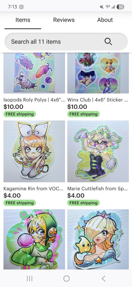 screenshot of my etsy shop. isopod sticker sheet, winx club sticker sheet, rin kagamine sticker, marie splatoon sticker, gum jet set radio sticker, princess rosalina sticker