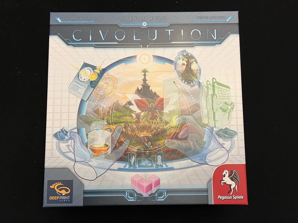 Civolution box cover, by Stefan Feld, art by Dennis Lohausen, Dev/editing by Viktor Kobilke, from Pegasus Spiele/Deep Print Games 