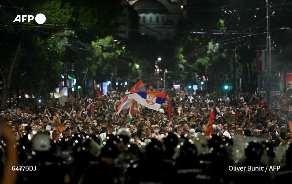 Serbian protesters confront riot police in Belgrade, on June 28, 2025