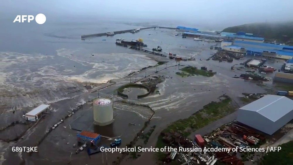 This drone footage shows the tsunami-hit town of Severo-Kurilsk on Russia's northern Kuril islands