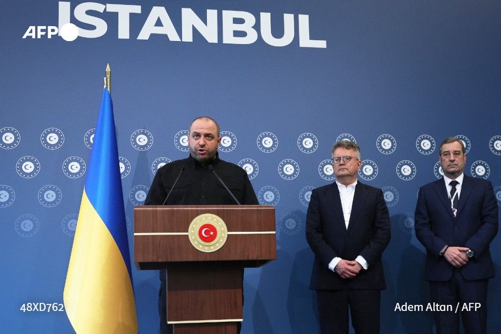 Head of Ukraine's delegation and Ukraine's Defence Minister Rustem Umerov (L) speaks at a press conference at the Ciragan Palace in Istanbul, on June 2, 2025 after talks between Ukrainian and Russian delegations