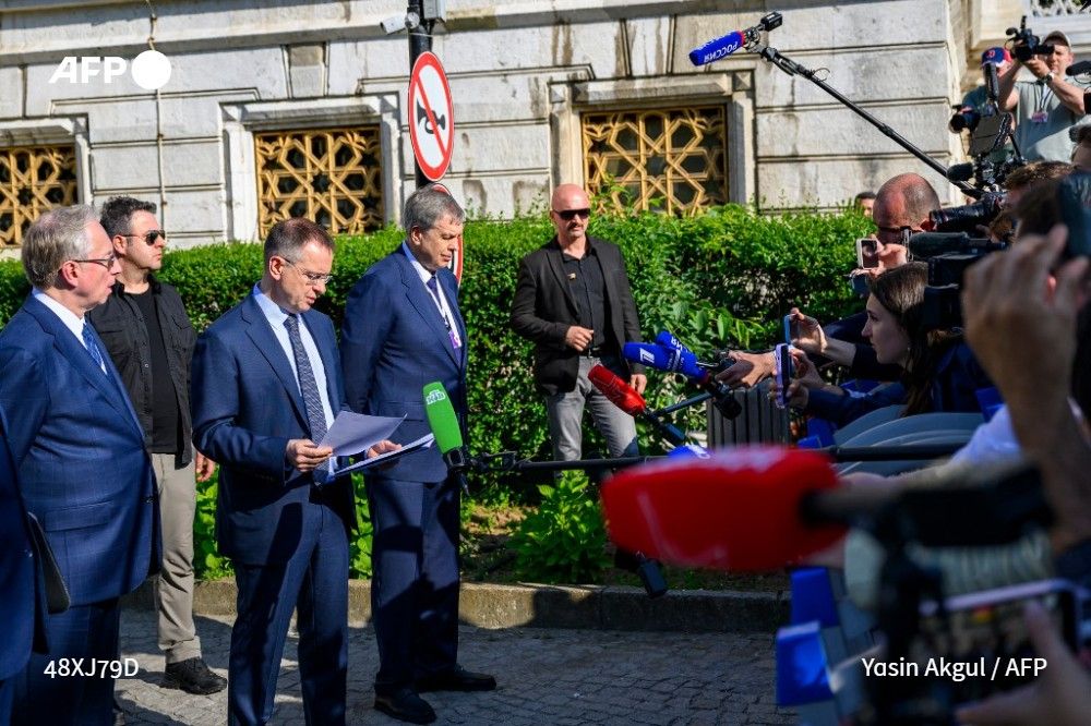 Vladimir Medinsky (3rd from L), head of the Russian delegation, gives a statement to the press after talks between Ukrainian and Russian delegations in Istanbul, on June 2, 2025