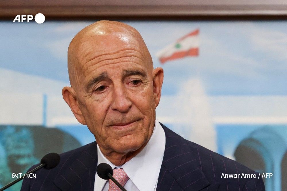 US ambassador to Turkey and special envoy for Syria Tom Barrack listens to a question during a joint press conference following his meeting with Lebanon's president at the Presidential Palace in Baabda on August 18, 2025