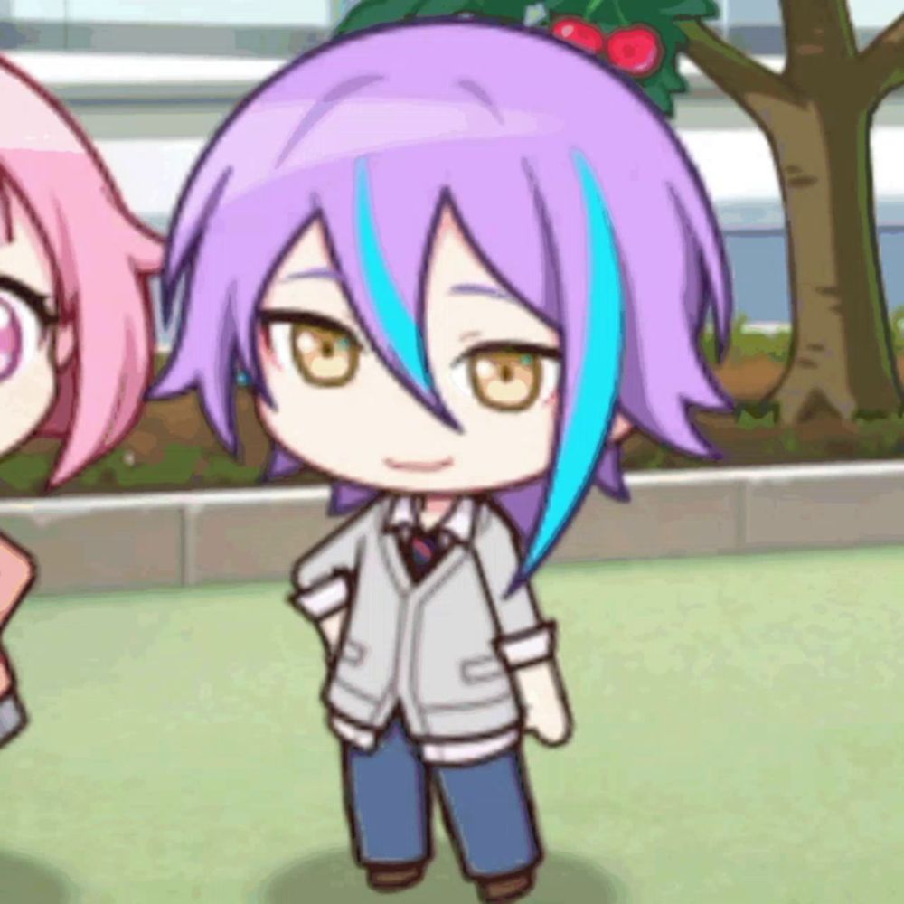 a cartoon character with purple hair and blue streaks is standing next to another character