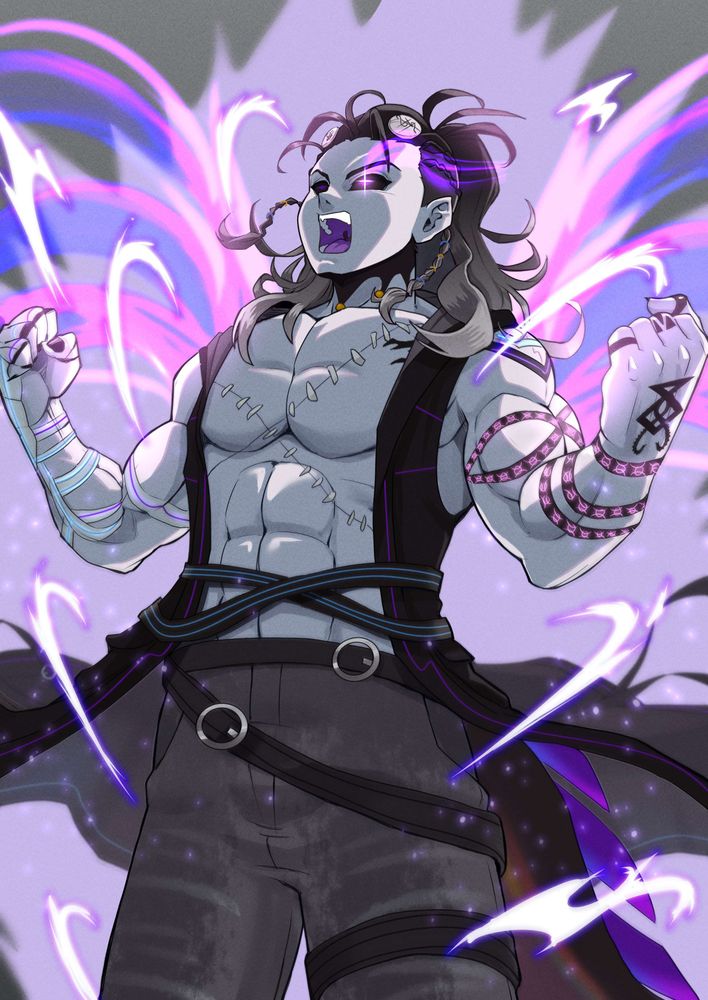 Khai'xur doing a Dragon Ball Z inspuired Super Sayian pose, swirling with purple ghost energy.