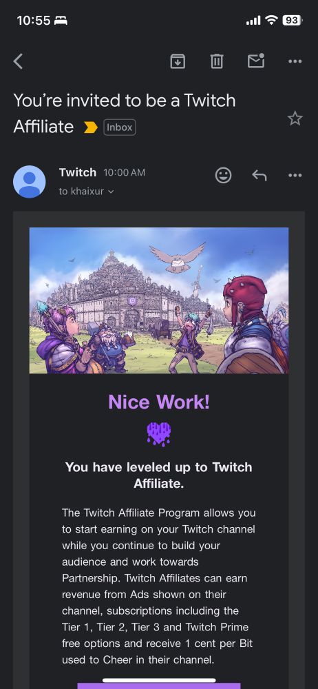 An email displaying my acceptance into the Twitch Affiliate Program. Pretty crazy right?