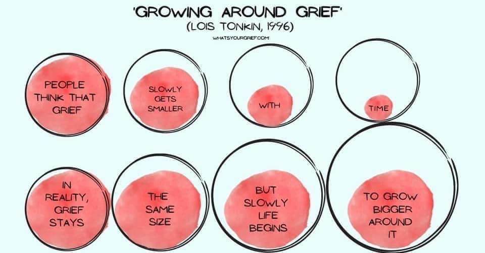 Growing around grief (Lois Tonkin, 1996): pictoral description of grief. "People think that grief slowly gets smaller with time. In reality, grief stays the same size, but slowly life begins to grow bigger around it." 