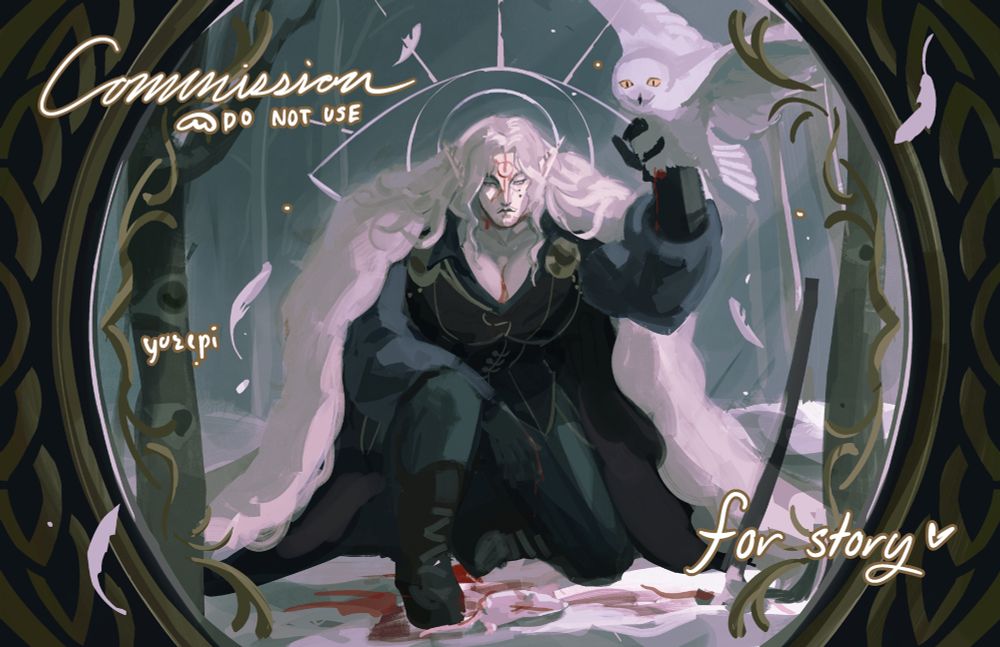 a painting of a hunter character with long elf ears named remus. Remus is kneeling in a snowy forest at the foot of a dead mouse his snowy owl brought him. 