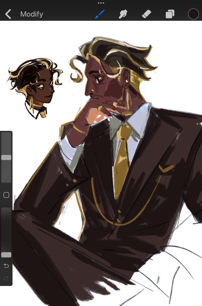 my oc, engels, sitting down in a dapper suit looking to the side with his hand over his chin. the top left corner has a little chibi headshot of engels with a neutral expression.