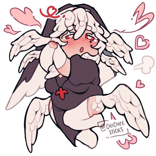 A chibi of Rina making a love struck expression, hands clasped together as hearts look like they come from her head while she blushes heavily.