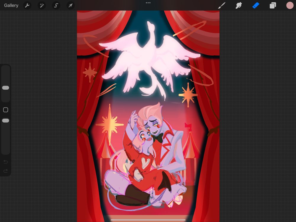 a drawing of charlie sitting in Lucifer’s lap while she looks up in wonder at the biblically accurate duck Lucifer’s magic has conjured up