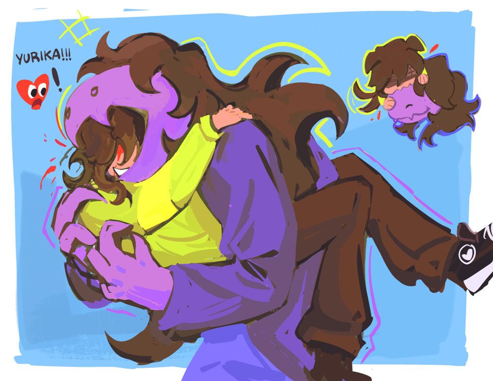 A drawing of Kris and Susie from deltarune biting each other. Susie is carrying Kris’s full body and biting into their head as little bits of cartoony blood pop out from their skull, Kris’s expression being contorted into a wide grin. The soul is watching with wide eyes and open mouth from the side with the text “YURIKA!!!!!” Next to it. 

There’s another smaller doodle in the corner where their roles are reversed and Kris, depicted with puppy ears and a wagging tail, chomps down on Susie.