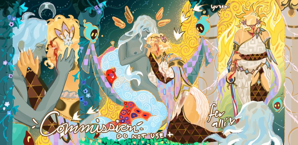 a page of illustrations of two characters, Hypnos from hades game and ianthe, a cute nymph lady oc, reuniting after many years. The page is decorated with floral elements, pillars, and patterns reminiscent of gustav klimt’s work fill the page