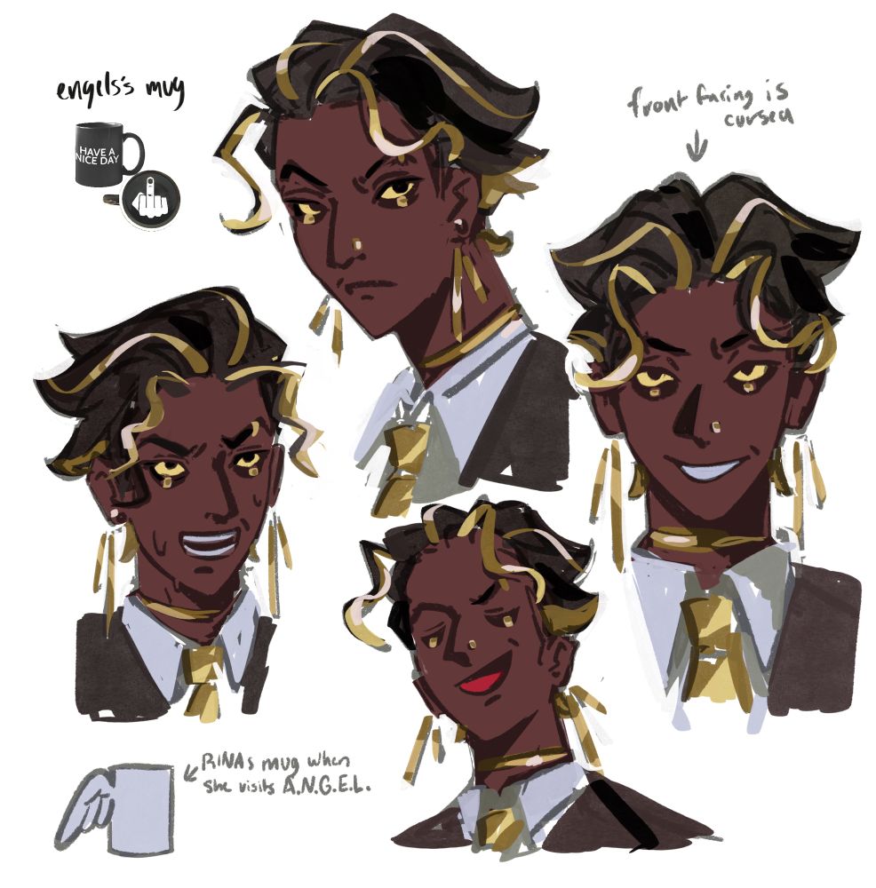 my oc, engels, making various expressions. the top expression looks annoyed, the leftmost expression conveys sweaty nervousness, the bottom expression shows a smug engels, and the rightmost expression is a sleazy smirk. the top left corner shows a mug labeled “Engels mug” which reads “have a nice day” along its body but shows a middle finger on the bottom of the mug. the bottom left shows a mug with a wing handle, labeled “Rina’s mug when she visits A.N.G.E.L.” 