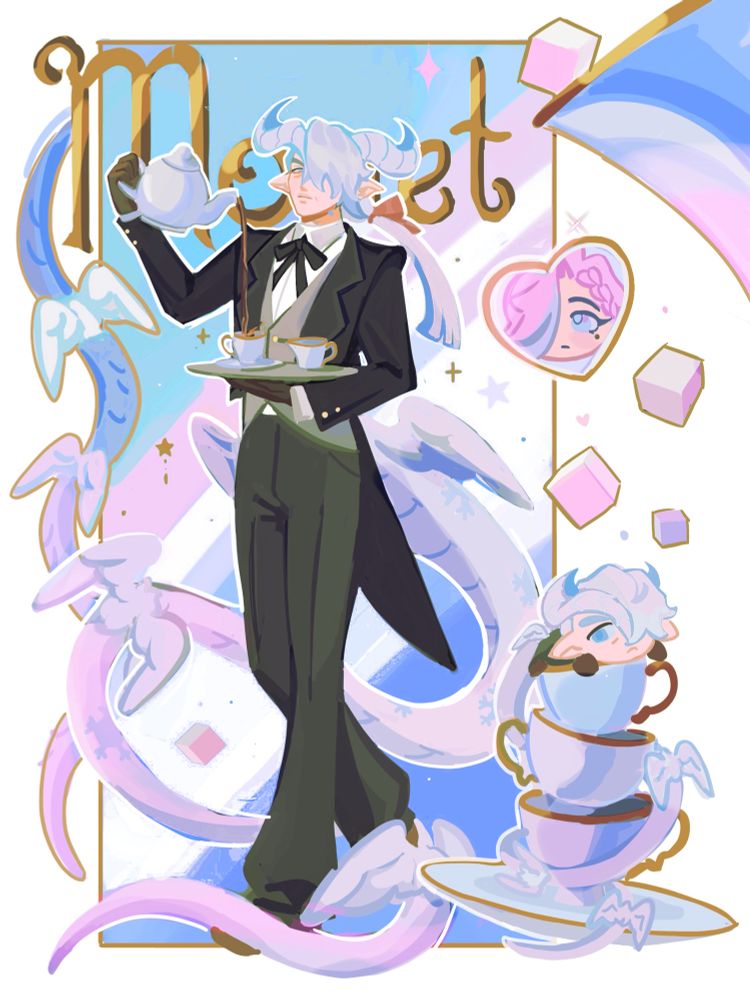 a full body astrolyglot’s oc, Monet, pouring some tea into a cup while tea related decorations float around him. There’s a chibi of monet in the corner on top of a stack of teacups