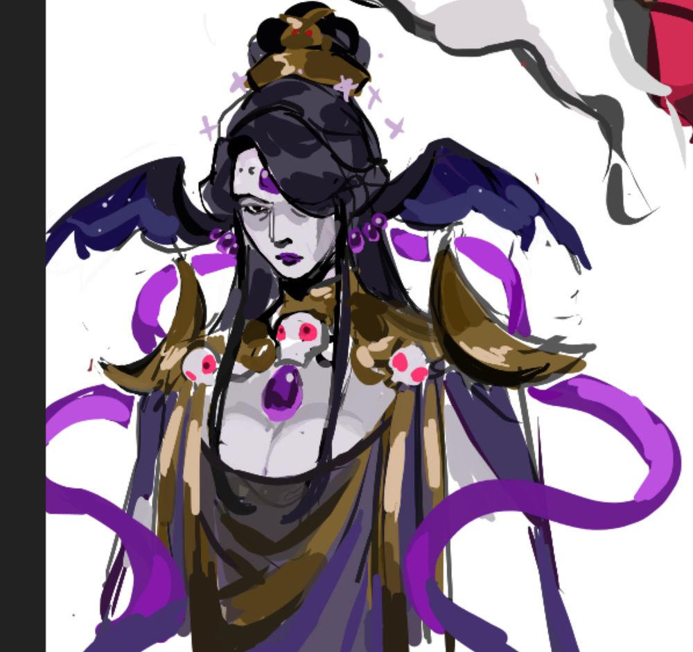 A bust drawing of nyx from hades game making a menacing expression