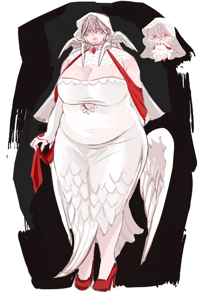 My oc rina wearing falin’s iconic dress, which is white,Long, and feathery. Rina has something of a sinister expression on her face but I still think she’s very moe. There’s a little chibi of her making the same expression in the corner