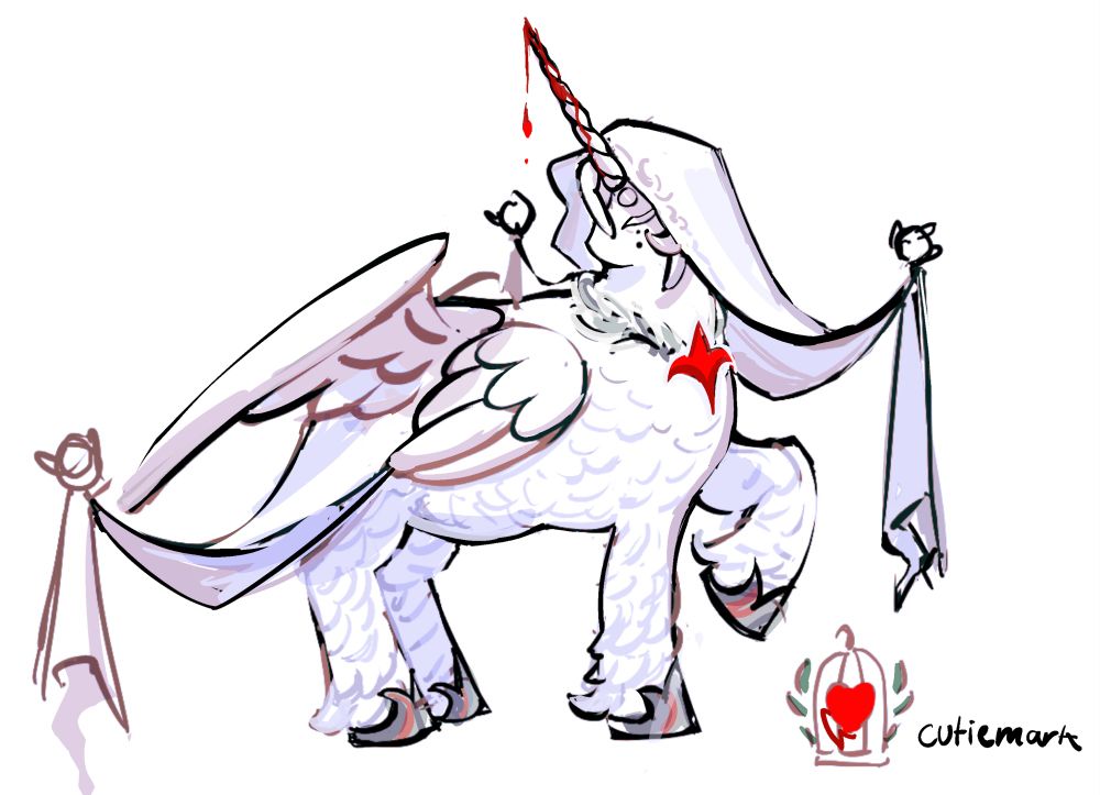 my oc rina as a my little pony character. She’s a fat albino alicorn covered in feathers. There’s blood dripping from her horn and she wears a white veil and dress carried by birds as if she’s a Disney princess.

In the corner is a drawing of her cutie mark, a heart in a birdcage surrounded by a leaf wreath