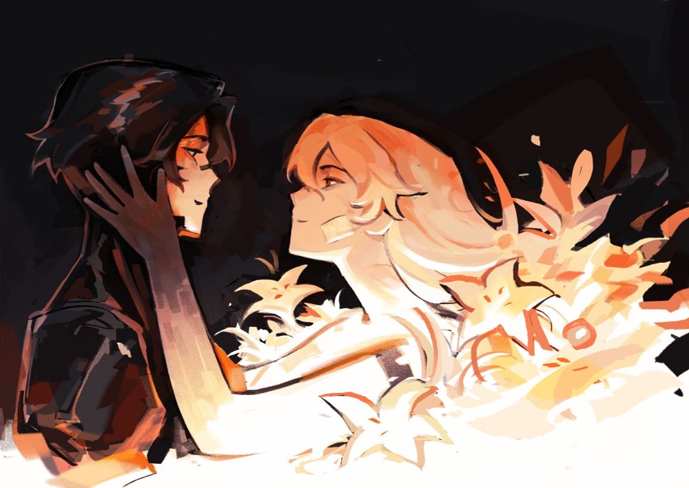 An illustration of Ariane caressing Elster’s face while Ariane’s body is consumed by flames and white lilies. 
