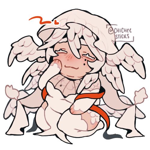A chibi of Rina sitting down in her white outfit and veil while making a content face. ambiguous blobby birds hold up the ends of her veil. She’s perfect.