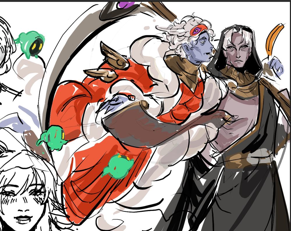 A drawing of Hypnos and Thanatos from hades game. Hypnos is floating next to Thanatos with his list out, hand nearly wrapped around Thanatos shoulder. Thanatos looks annoyed