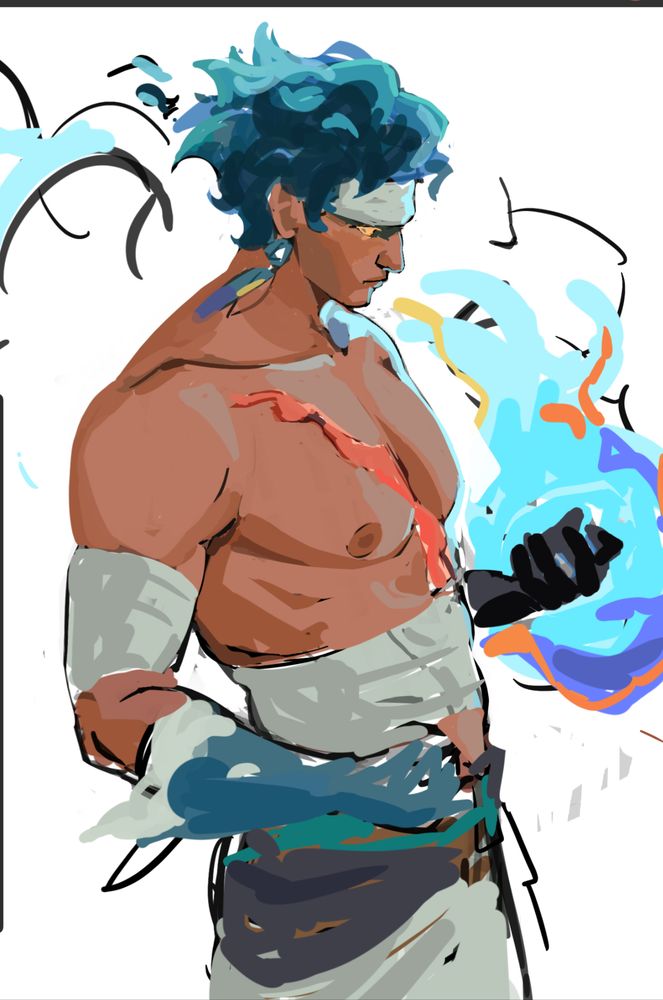 A halfbody drawing of Prometheus from hades 2. I have been told I rendered his breasts quite prominently here