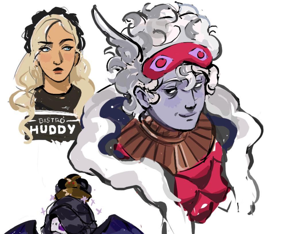 A bust drawing of Hypnos from hadesgame making a cheeky expression, dimple visible. Off to the side of him there’s an unrelated doodle of Nicole bistro huddie looking judgmental