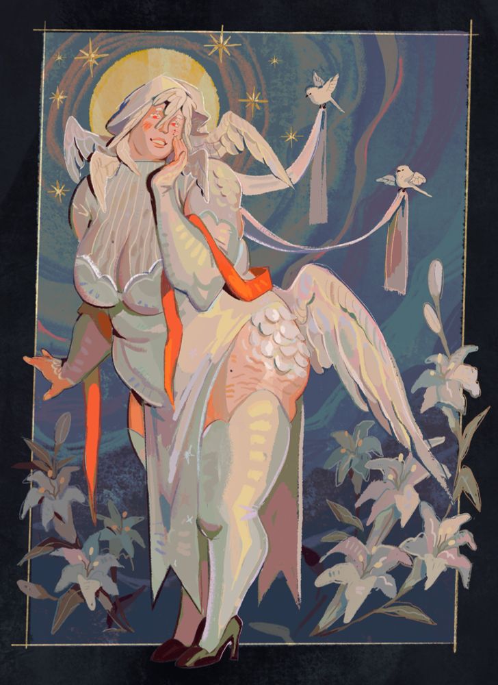 A drawing of my oc rina standing serenely while birds carry her veil. She looks serene.