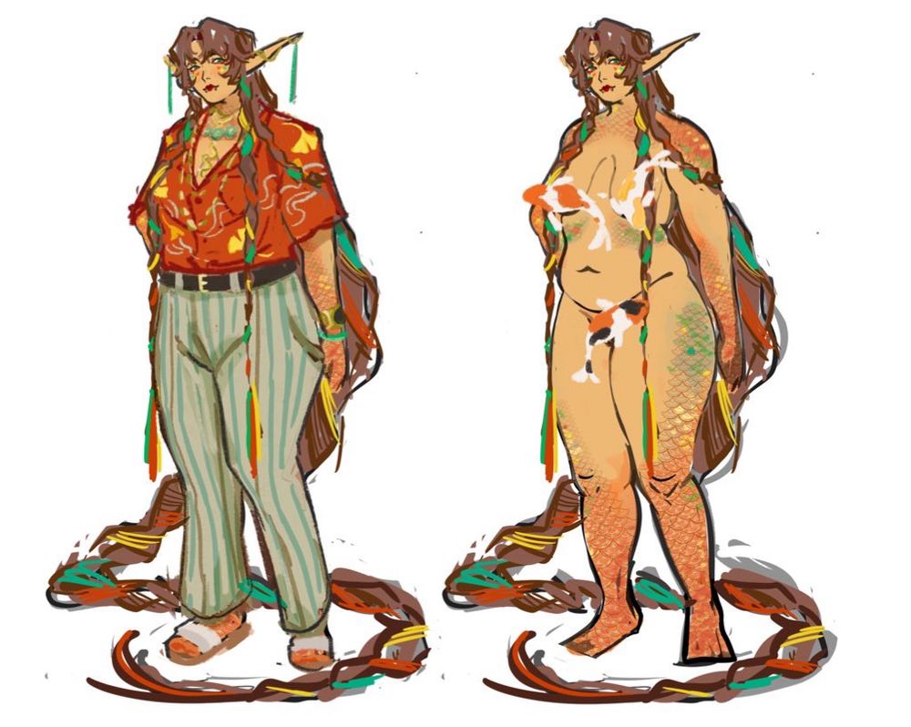 reference art of my oc jia. there are two fullbodies, one where she is clothed and one where she distinctly lacks clothes.

in the clothed fullbody, she has honey skin and super long elf ears. she has a floor-length braid that mimicks a snake tail. she wears a Hawaiian shirt with a ginkgo and cloud pattern, various jade jewelry (and a Rolex), striped pants, and uncle sandals.

in the unclothed fullbody her body is covered in colorful scales.